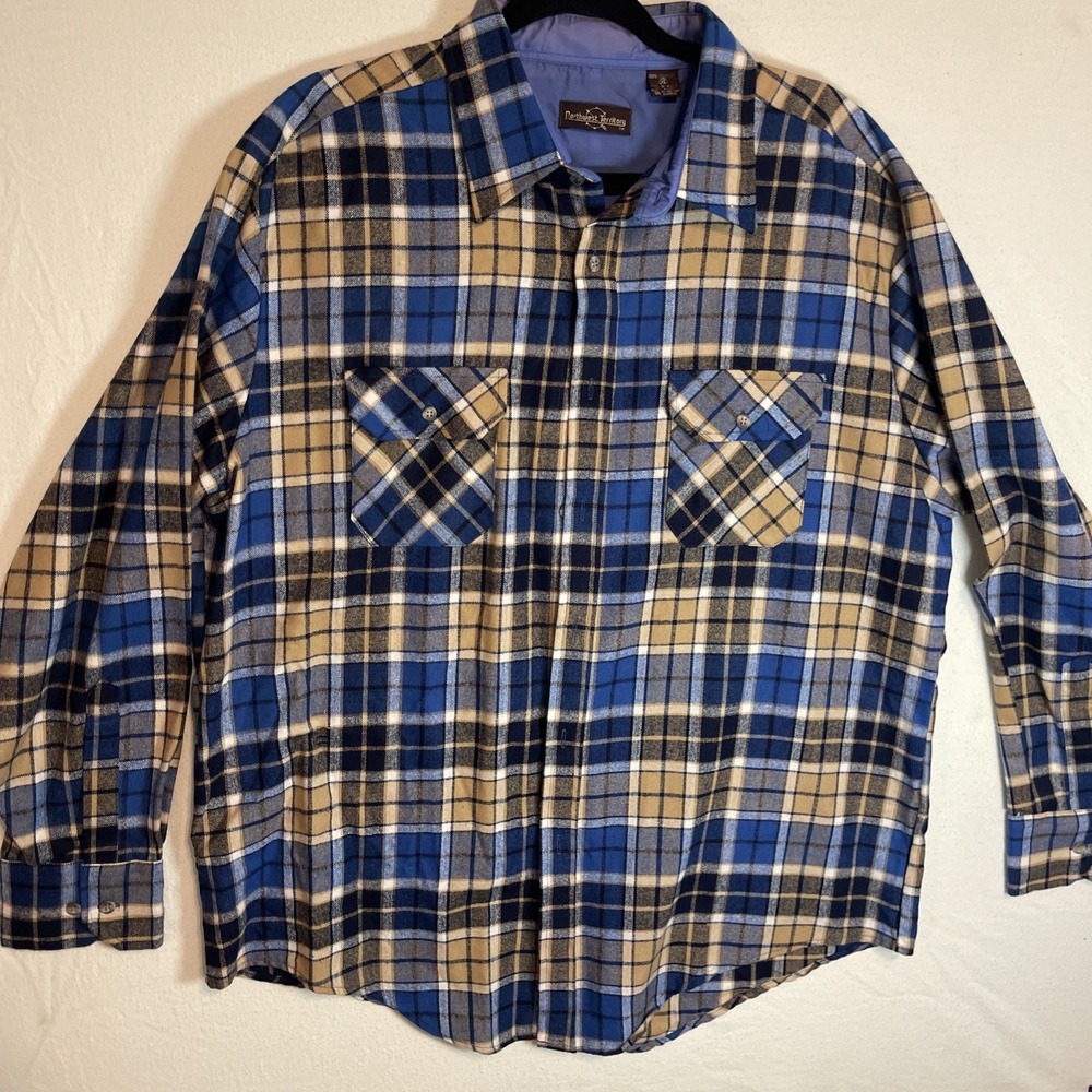 Vintage Northern Territory Flannel Shirt Mens XL Blue Beige Plaid Button Up